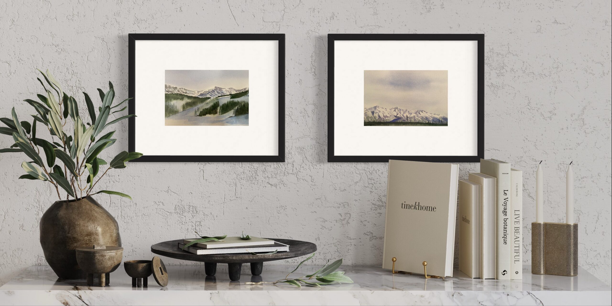 Two Watercolor Paintings of the Rockies painted by Lindsey Kiser two watercolor paintings of the Rocky Mountains by Lindsey Kiser shown framed on a wall