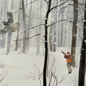 watercolor painting of a ruffed grouse in flight in the snow with a hunter in the background