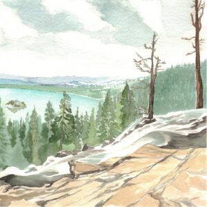 watercolor painting of a waterfall on South Tahoe in California