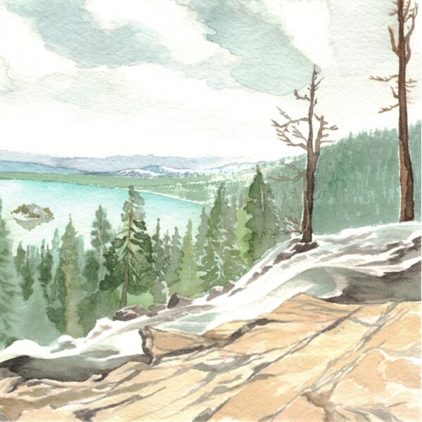 watercolor painting of a waterfall on South Tahoe in California