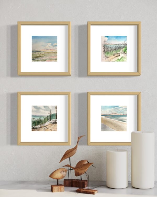 Photograph of four watercolors from Lindsey Kiser's Tails California series