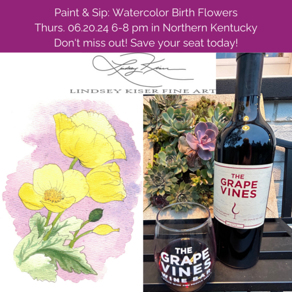 Ad for a Ladies' Night Out or Paint & Sip Art Class at a Wine Bar in Northern Kentucky on June 20, 2024. Hosted by Artist Lindsey Kiser.