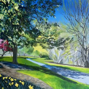 Artist-in-Residence Lindsey Kiser painted the Boone County Arboretum showing the blooming daffodils and spring green trees of April in Kentucky.