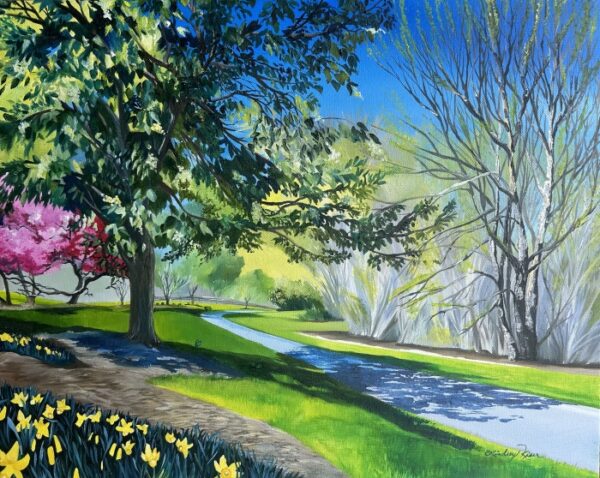Artist-in-Residence Lindsey Kiser painted the Boone County Arboretum showing the blooming daffodils and spring green trees of April in Kentucky.