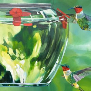The Lost Art of Stillness is an original acrylic painting by Lindsey Kiser of two ruby-throated hummingbirds at a bird feeder
