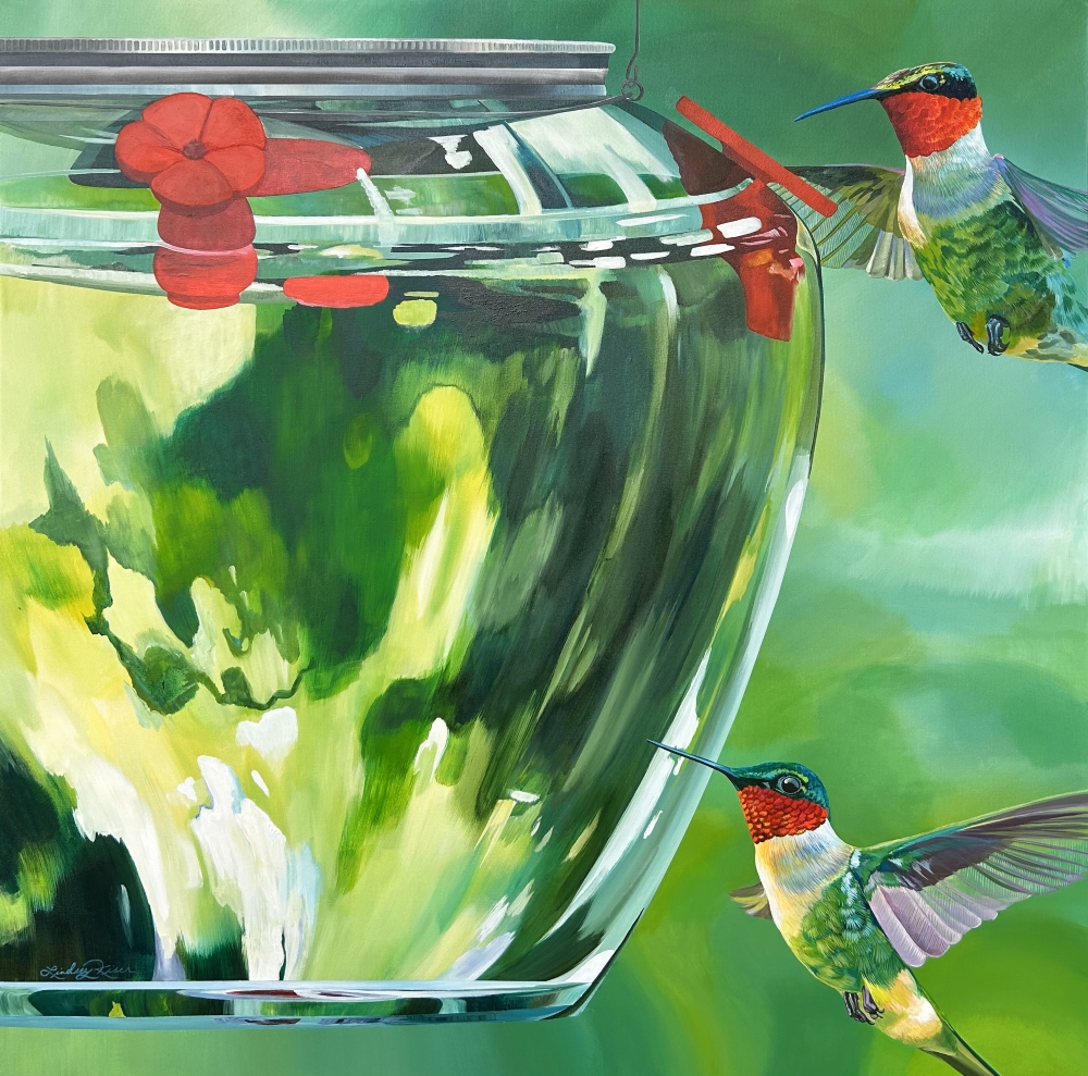 The Lost Art of Stillness is an original acrylic painting by Lindsey Kiser of two ruby-throated hummingbirds at a bird feeder