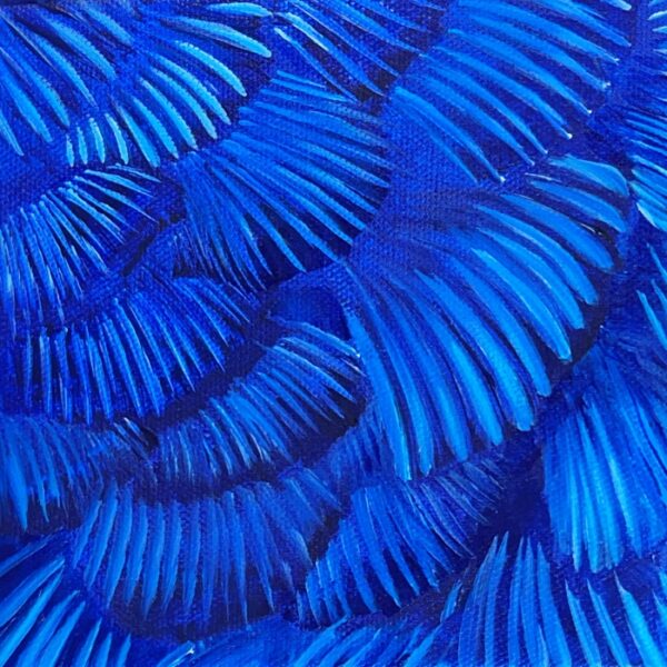 Image of a painting of blue hummingbird feathers under a microscope.