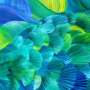 The image is of Summer Buzz, an acrylic painting by Lindsey Kiser that was inspired by feathers of hummingbirds.