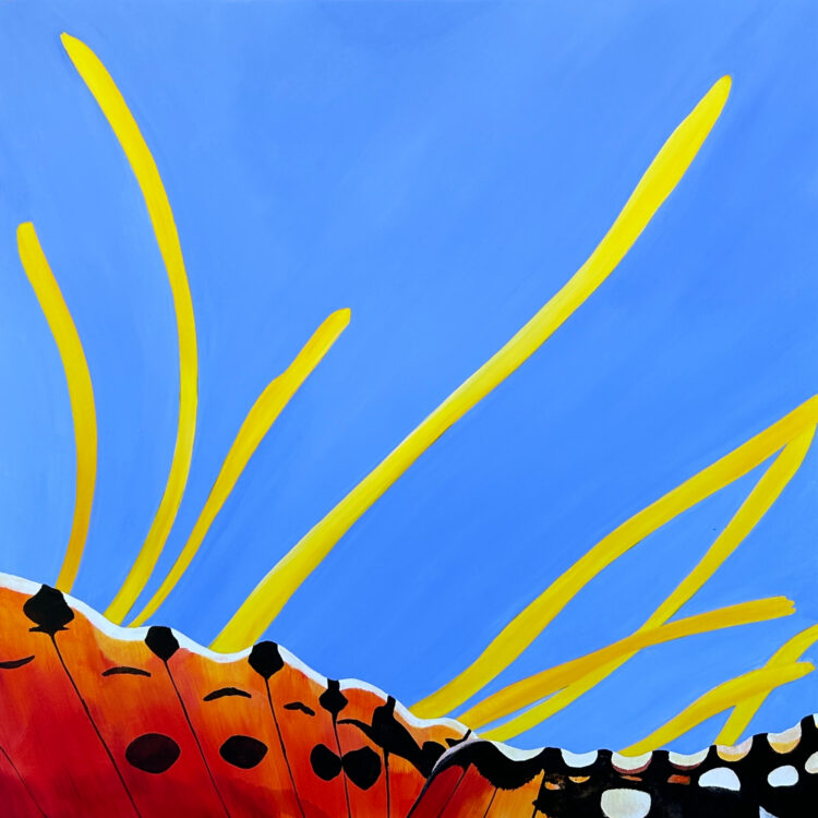 An image of an original acrylic painting of the edges of orange butterfly wings on blue sky with yellow petals peeking out in diagonal lines.