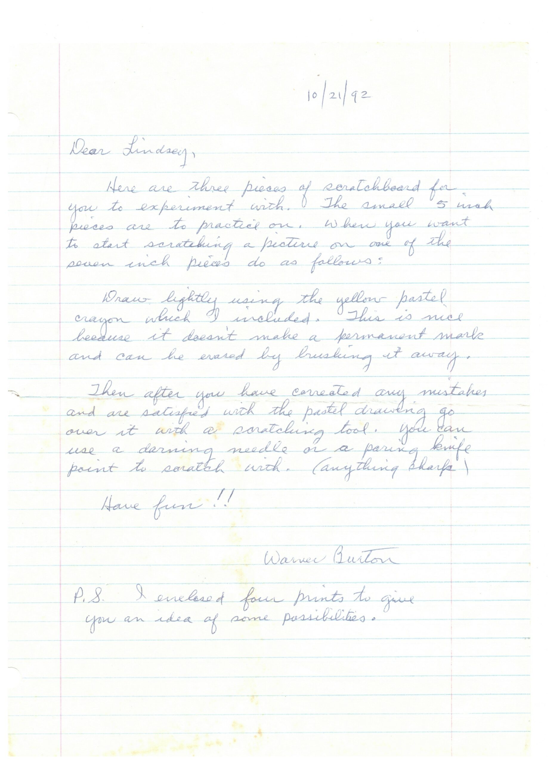 1992.10.21_Warner Burton Letter Introducing me to Scratchboard Warner Burton's Letter Dated October 21, 1992 to Lindsey Kiser which introduces her to scratchboard.