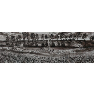 Sepia toned horizontal artwork of canada geese and whitetail deer foraging together in a field of timothy grass that is backlit and a pond with a line of trees below the clouds is in the background. Artwork is by Kentucky Wildlife Artist Lindsey Kiser.