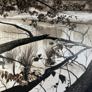 Image of Monochromatic Artwork by Lindsey Kiser, view of wetland from the bank through the branches with reflections in the water. A blue wing teal swims in the lefthand corner of the image.